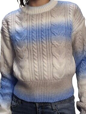 Cable Knit Ombre Crewneck Sweater - White & Blue